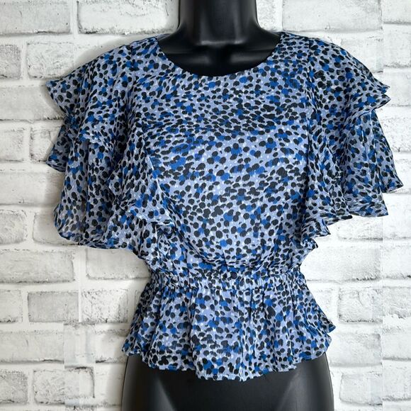 NWT Express Leopard Print Tiered Ruffle Sleeve Peplum Top Size XS - Picture 2 of 8